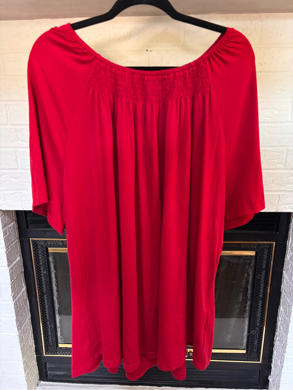Red Off-Shoulder Smocked-Neck Tunic Top - Casual Women's Fashion